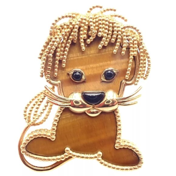 Van Cleef & Arpels 18k Yellow Gold Onyx Tiger Eye Lucky Animals Lion Clip Brooch - Picture 1 of 11